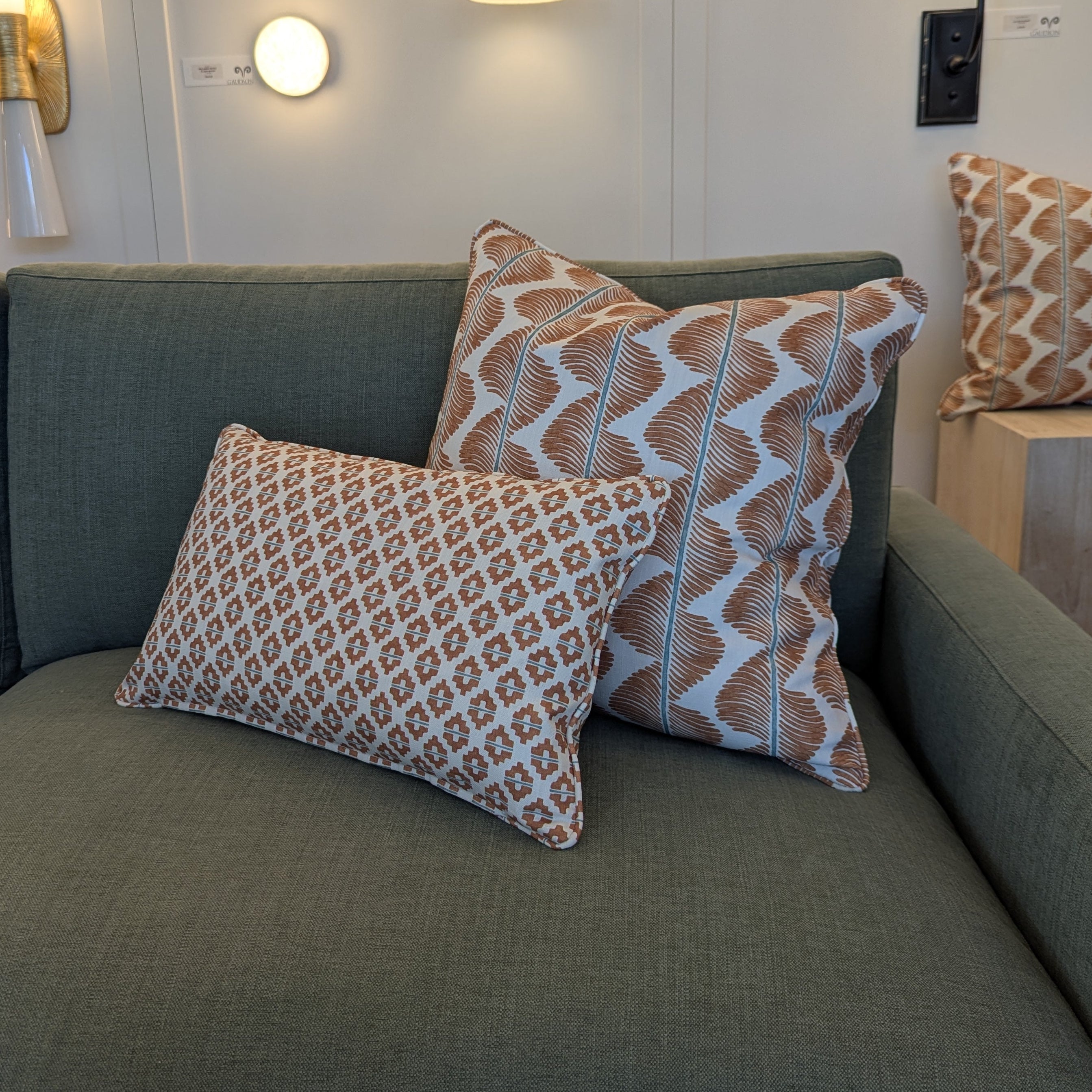 Cushion Aubin Mango with Elska Lumbar in Mango ROMO Gaudion Furniture