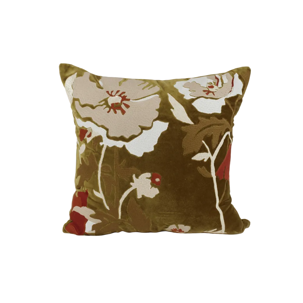 A square decorative throw pillow with a floral tapestry pattern in olive green, beige, white, and red, set against a plain white background.