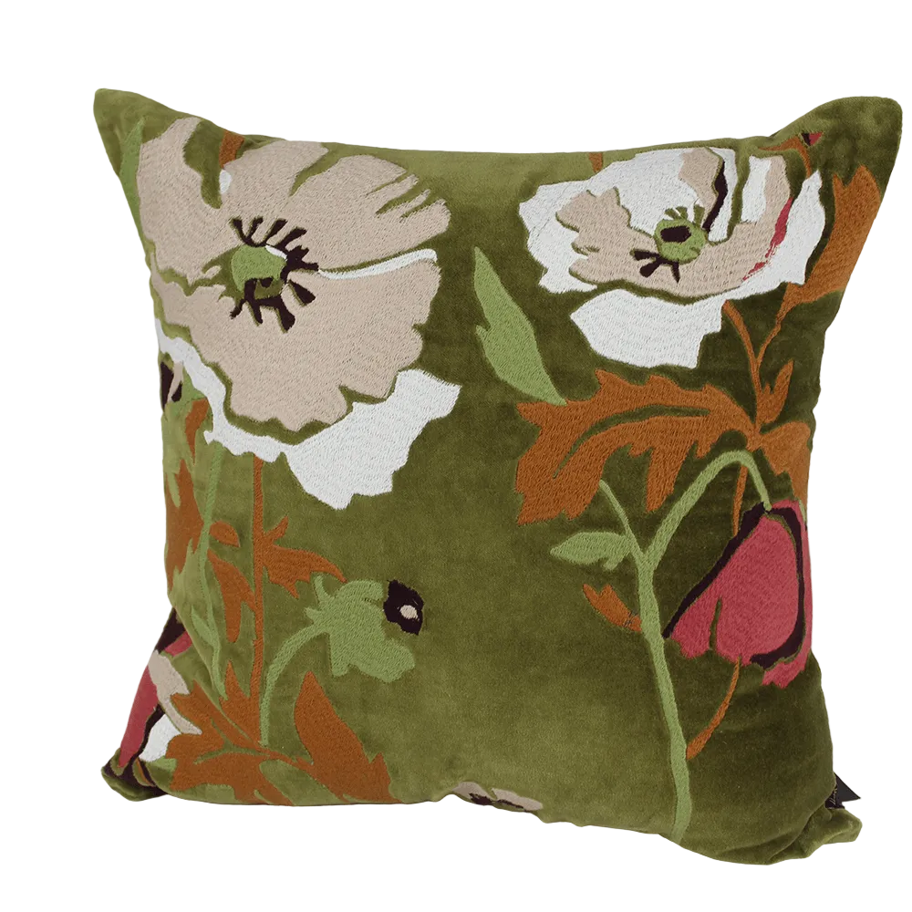 A square decorative throw pillow with a textured floral pattern on an olive green velvet-like fabric, featuring cream, white, orange, and pink flowers.