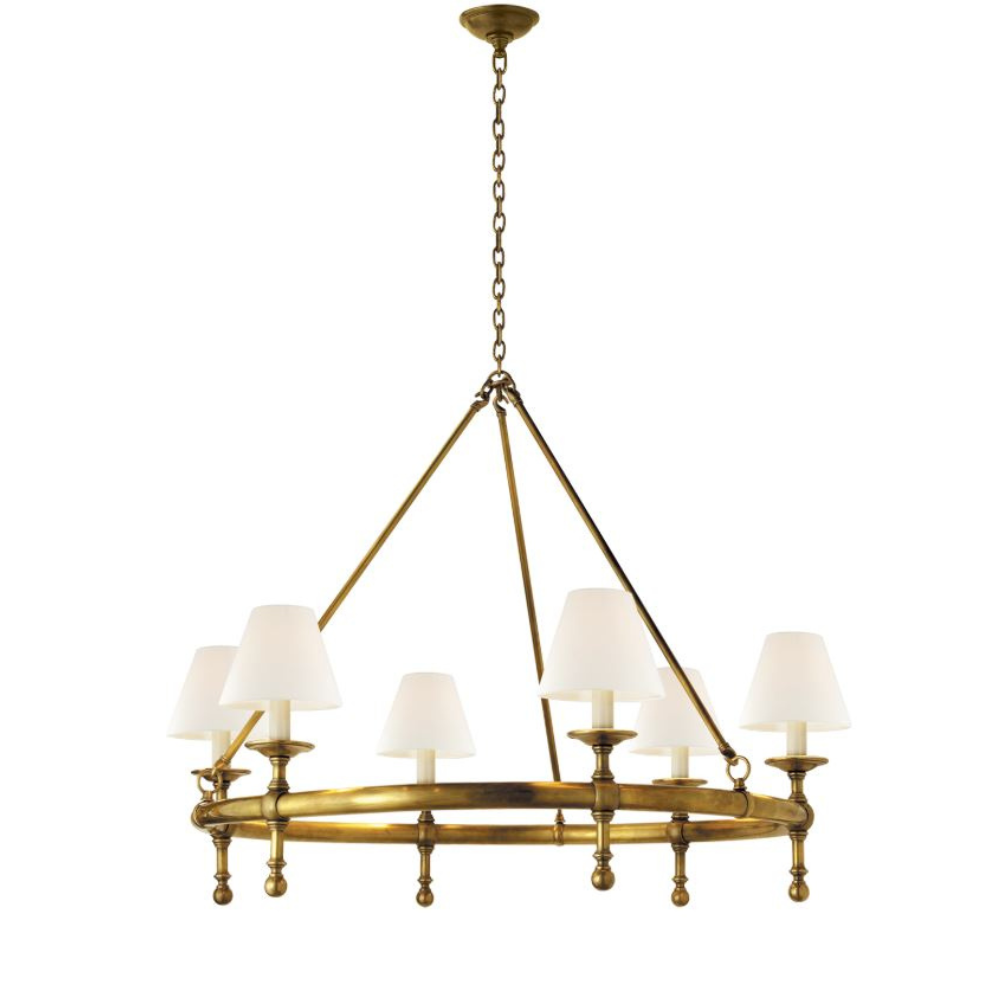 Classic Ring Chandelier in Hand Rubbed Brass with Linen Shades
