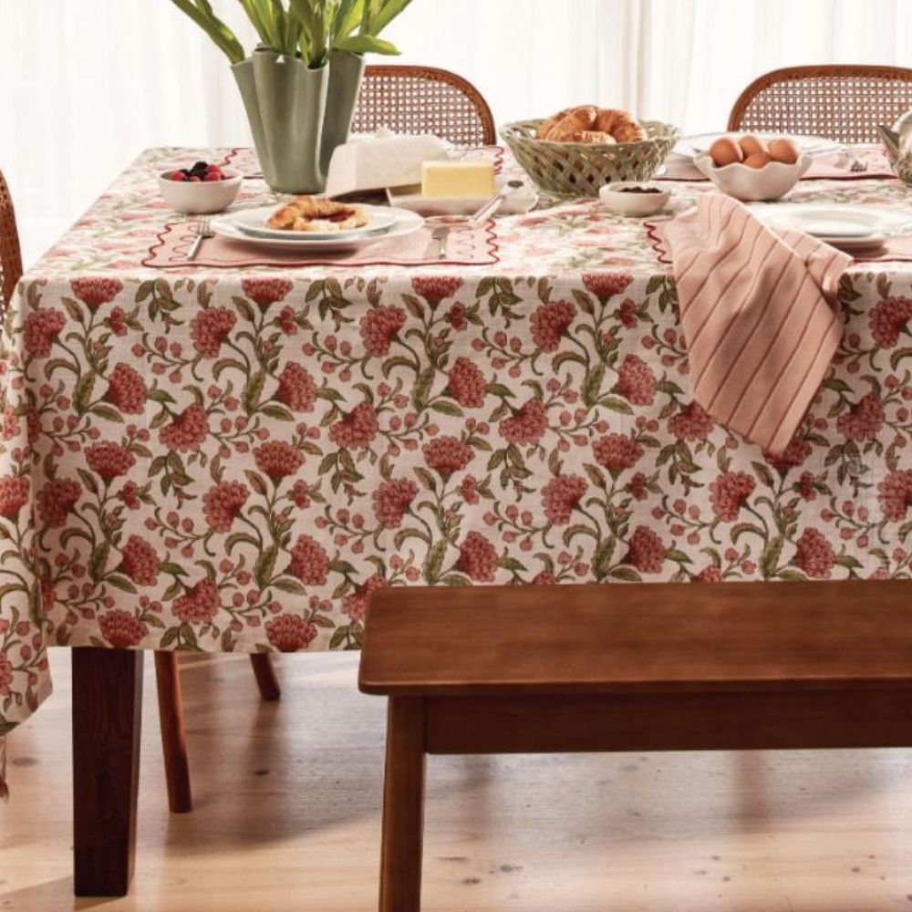 Floral Tablecloth white background with pink and green floral