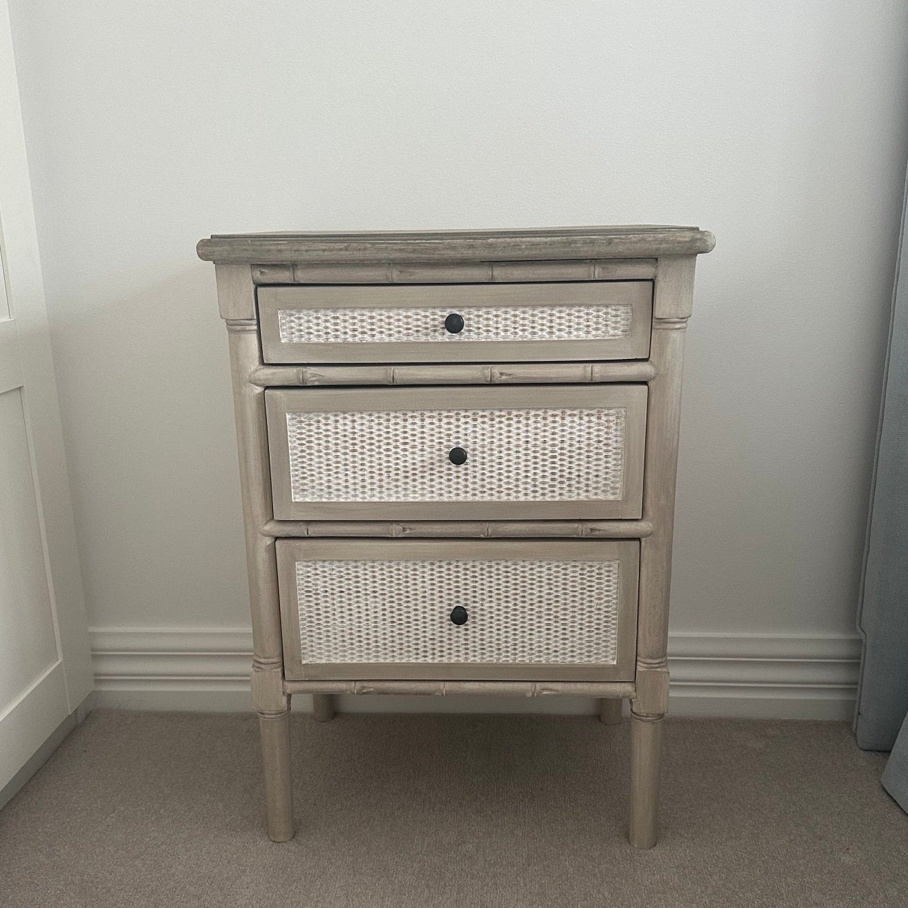 Eloise Bedside Table french look with rattan drawers and grey timber.