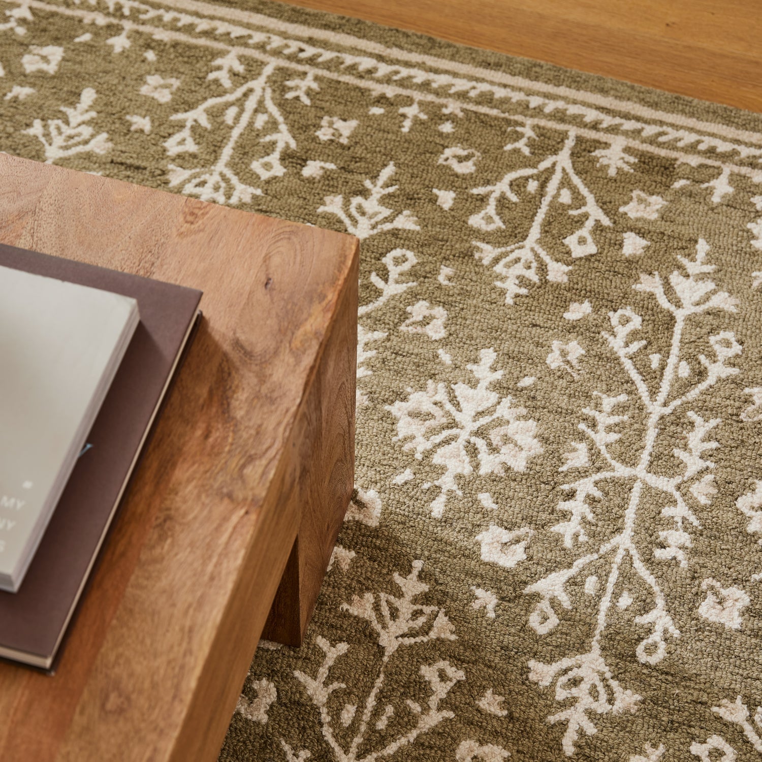 Olive green rug with traditional pattern gaudion furniture