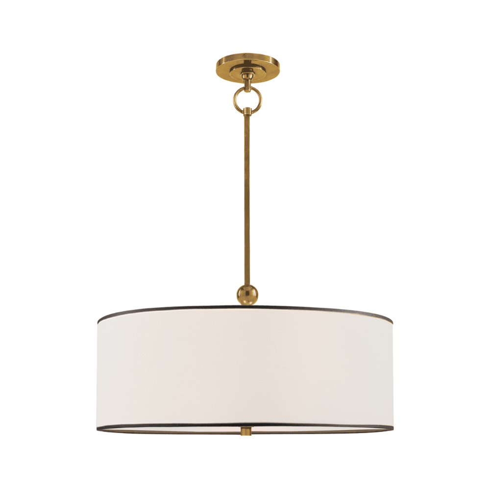 Pendant light with white shade and gold fixture on a white background