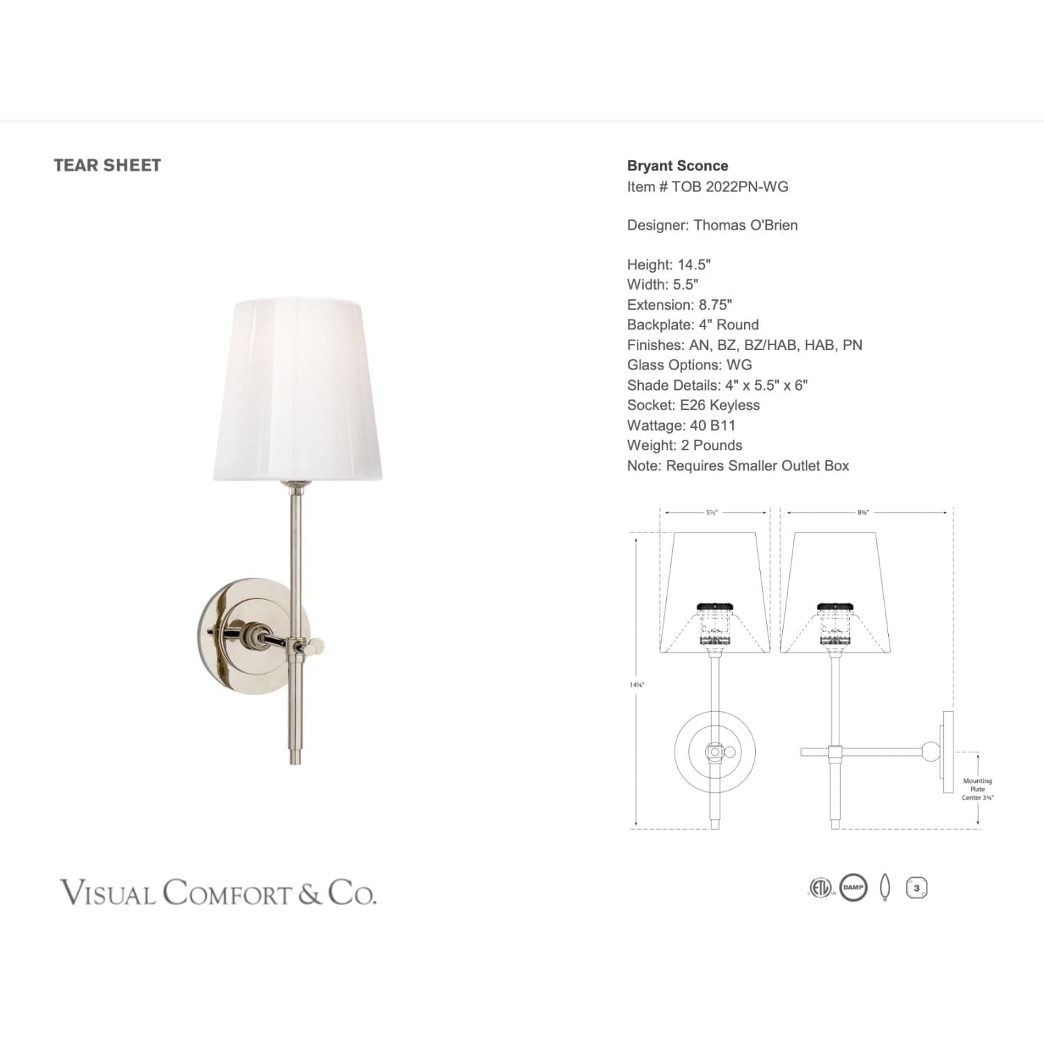 Bryant Sconce with White Glass Shade 2 Finishes - Gaudion Furniture
