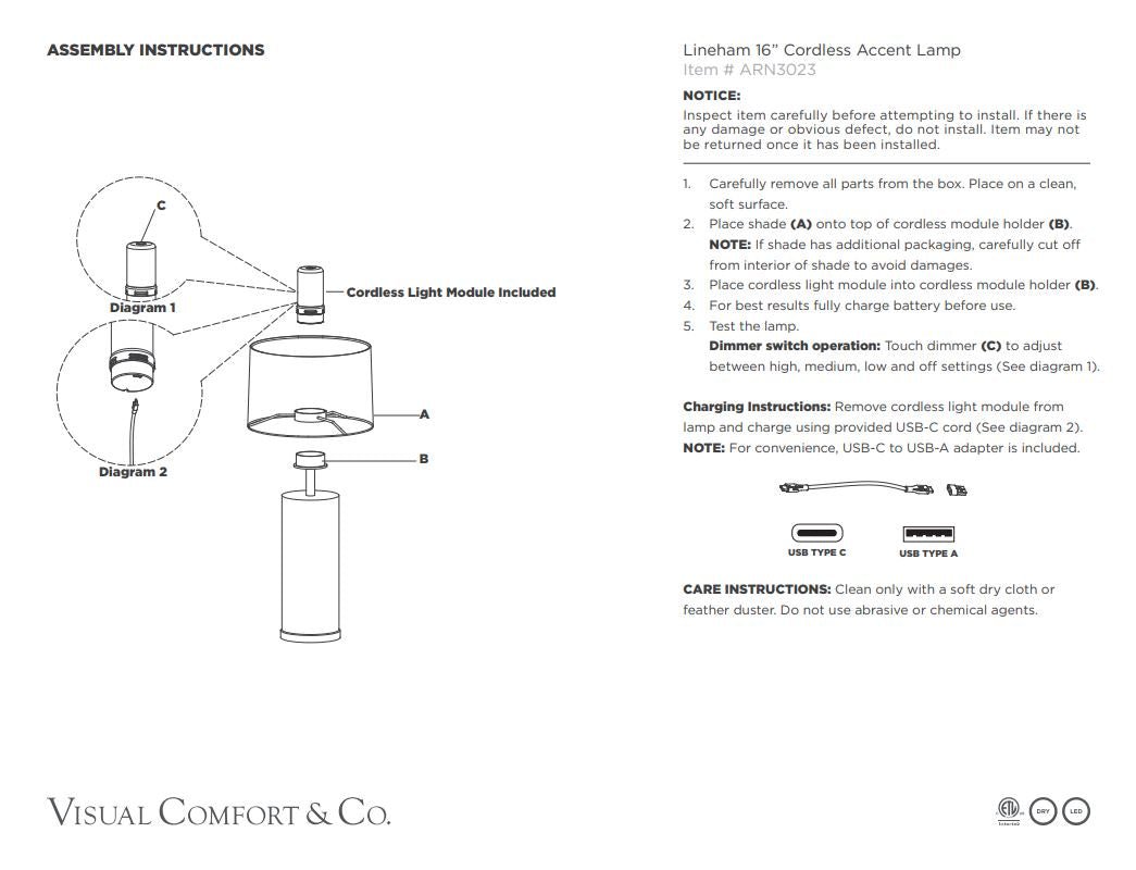 Lineham 16" Cordless Lamp in Crystal, Hand - Rubbed Antique Brass with Linen Shade - Gaudion Furniture