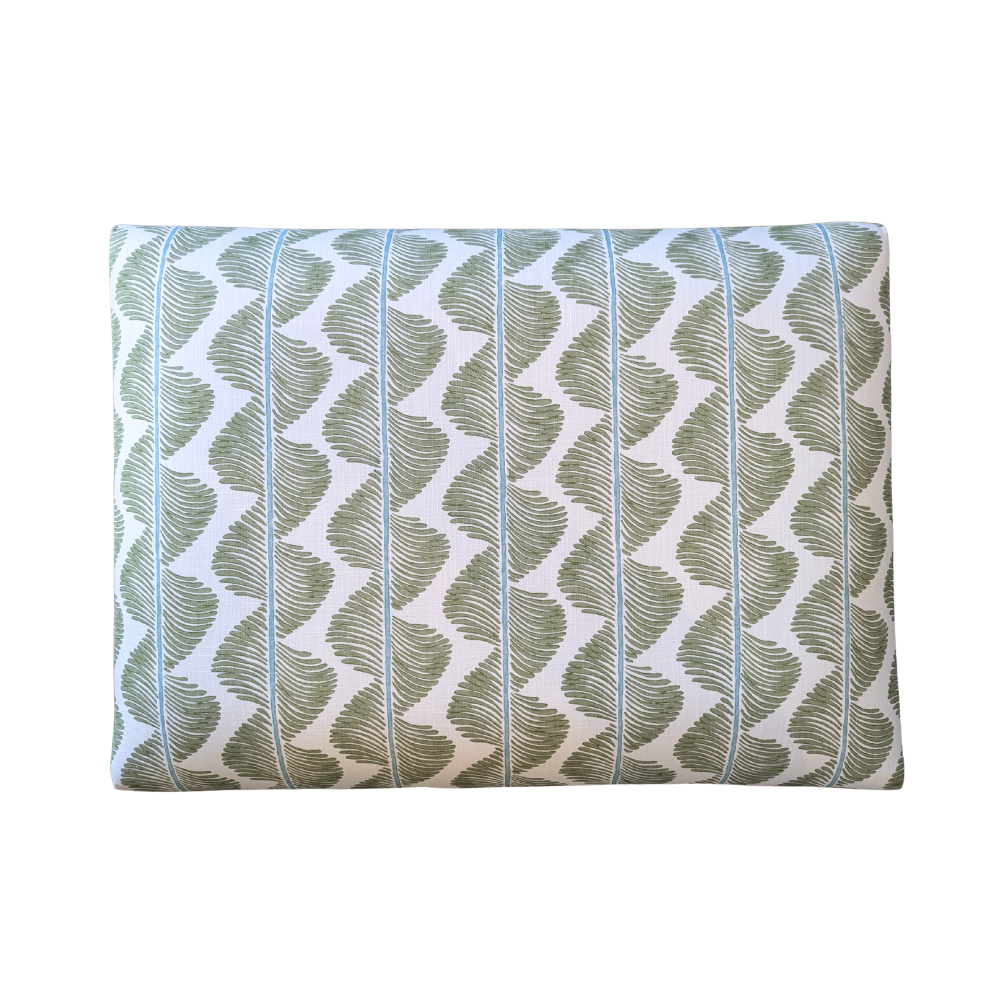 ROMO UK Aubin fabric on upholstered custom ottoman with oak legs.