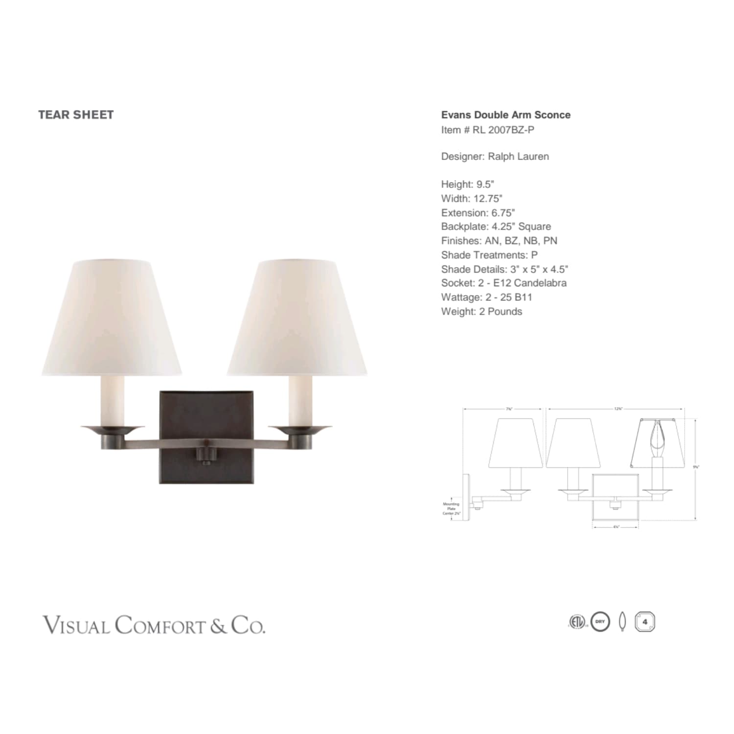 Ralph Lauren Evans Double Arm Sconce - Gaudion Furniture