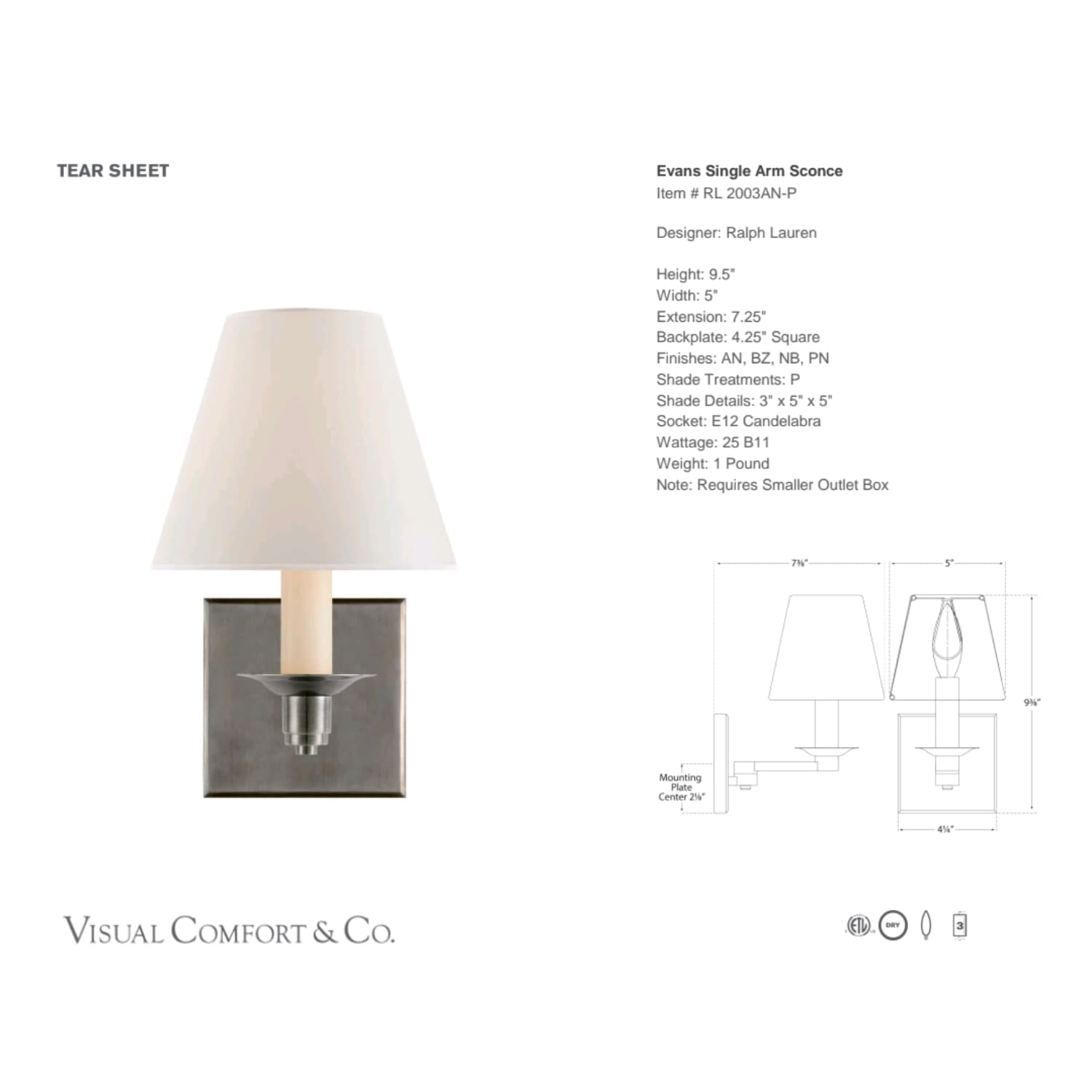 Ralph Lauren Evans Single Arm Sconce - Gaudion Furniture