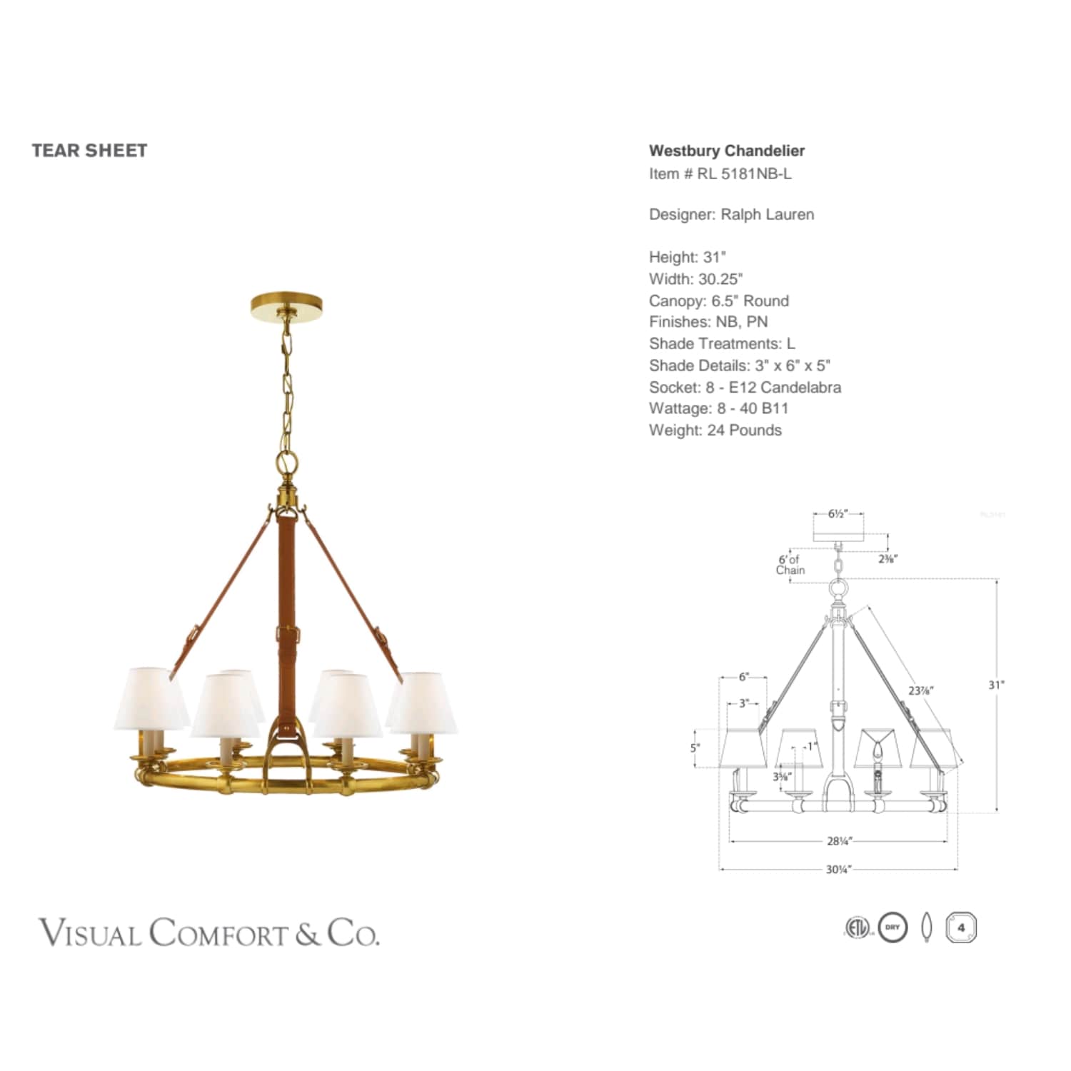 Ralph Lauren Westbury Chandelier Natural Brass - Gaudion Furniture
