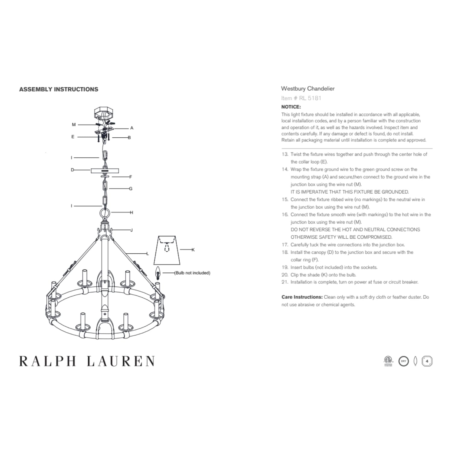Ralph Lauren Westbury Chandelier Natural Brass - Gaudion Furniture