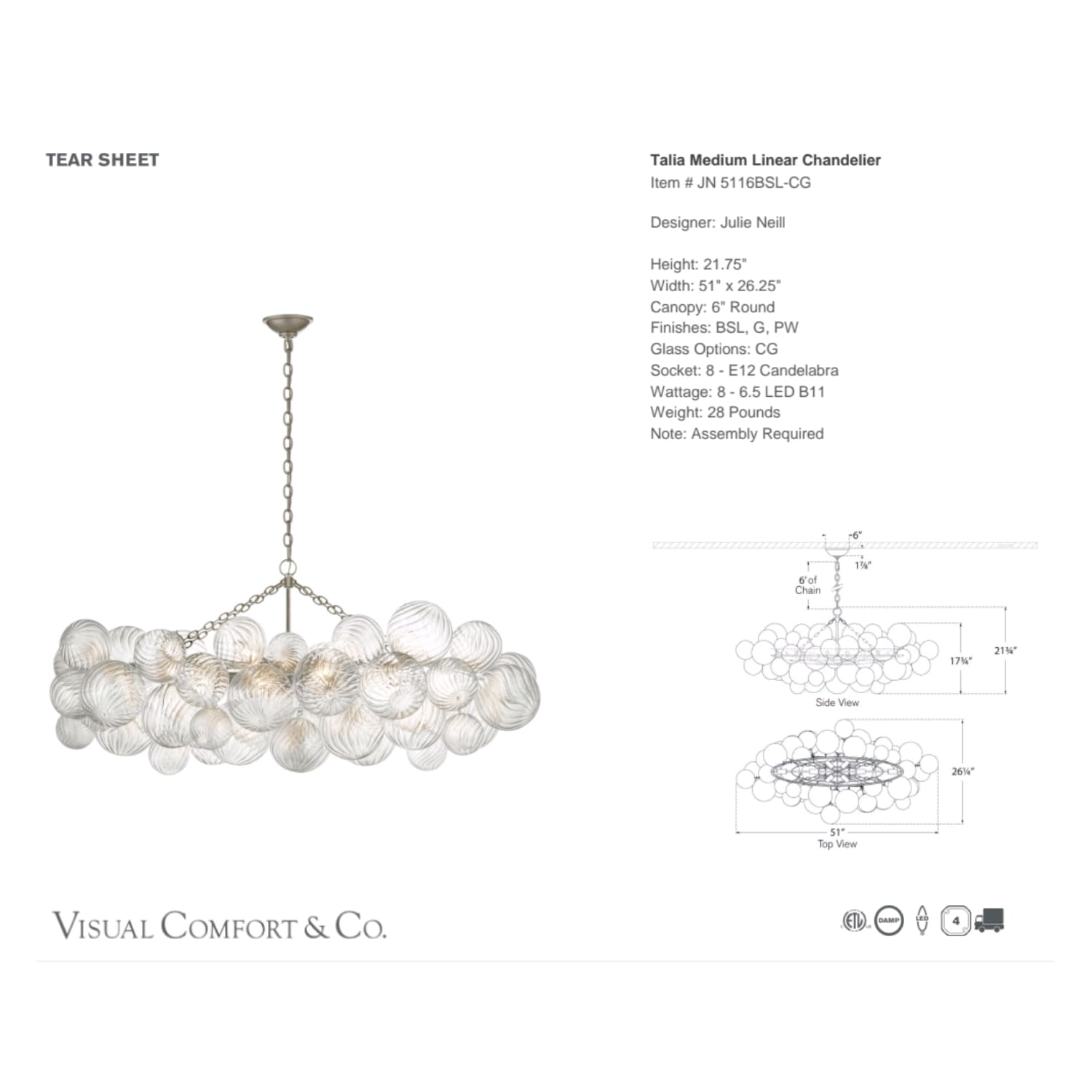 Talia Medium Linear Chandelier with Clear Swirled Glass 2 Finishes - Gaudion Furniture