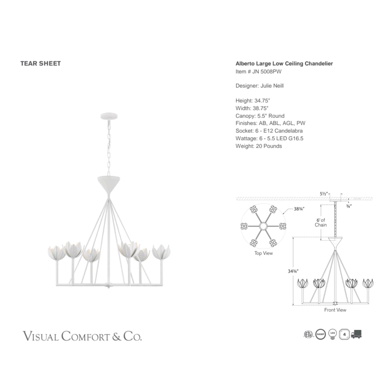 Visual Comfort & Co Chandelier Alberto Large Low Ceiling Chandelier