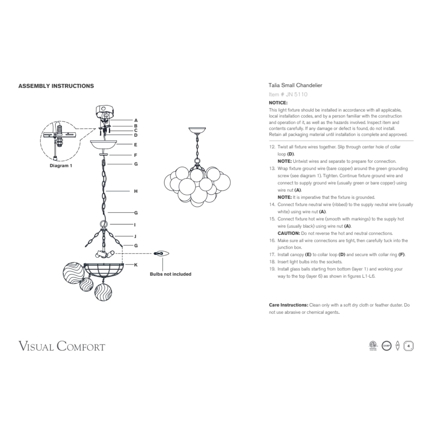 Visual Comfort & Co Chandelier Talia Small Chandelier with Clear Swirled Glass