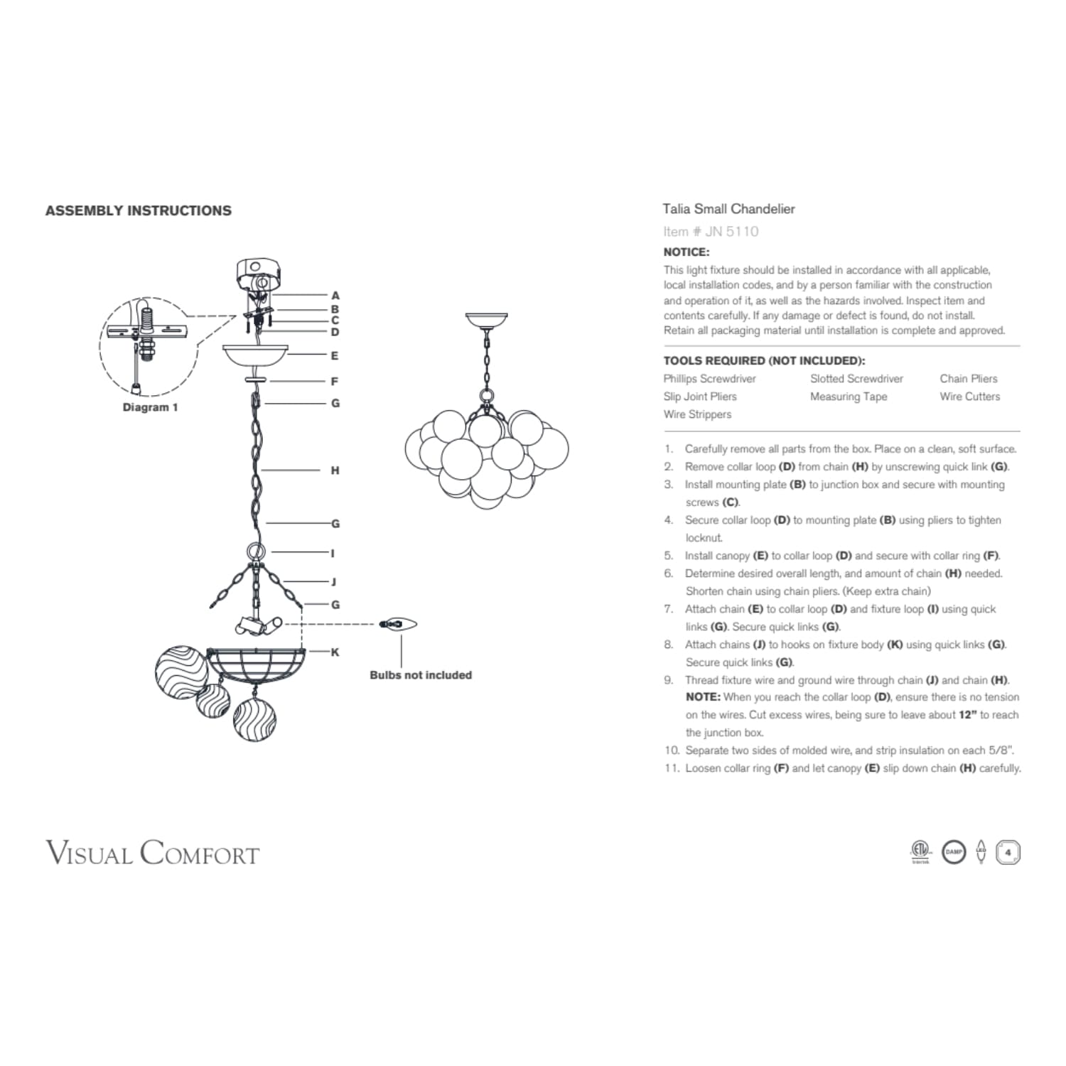 Visual Comfort & Co Chandelier Talia Small Chandelier with Clear Swirled Glass