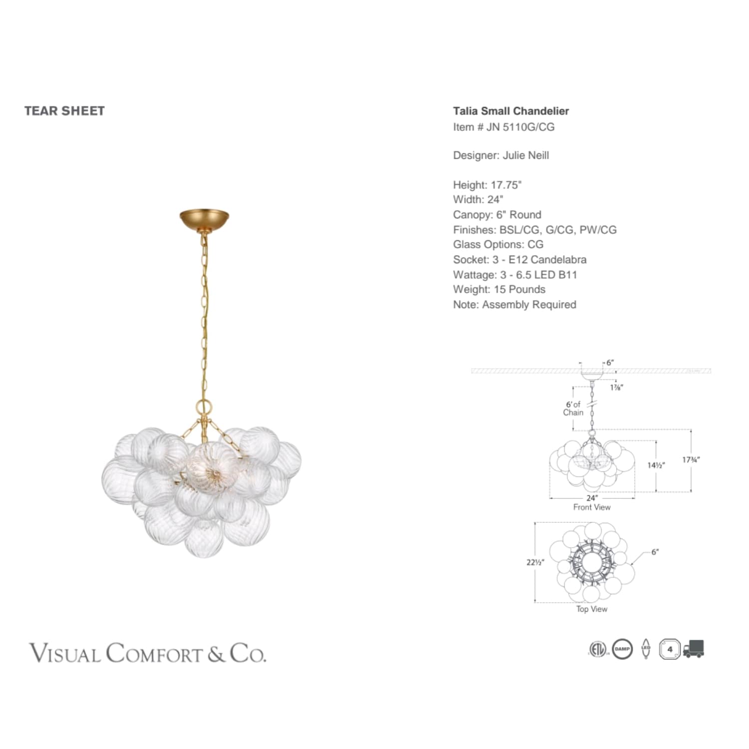 Visual Comfort & Co Chandelier Talia Small Chandelier with Clear Swirled Glass