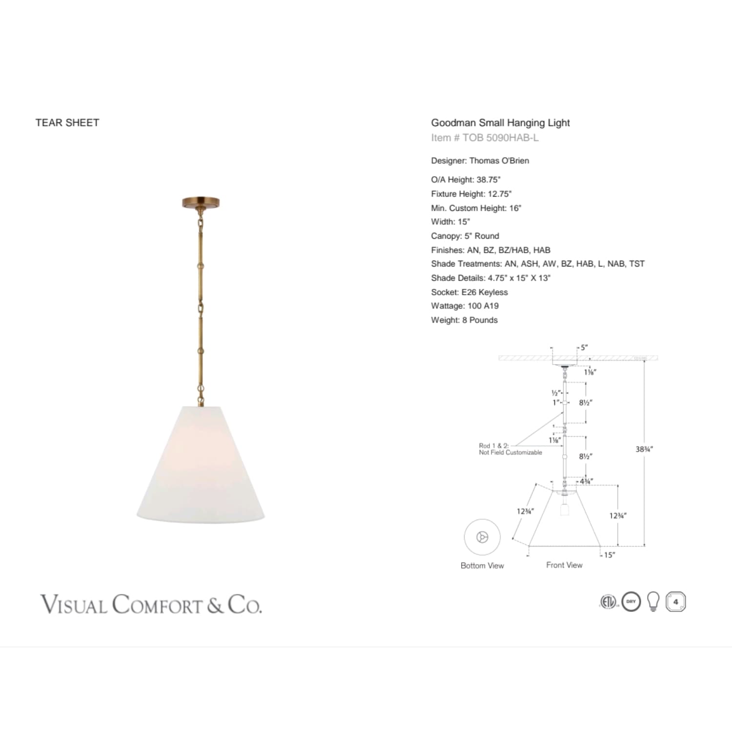 Visual Comfort & Co Pendant Light Goodman Small Hanging Light