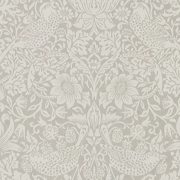 William Morris Wallpaper 1 x Silver/Stone Strawberry Thief Wallpaper Roll William Morris Pure Strawberry Thief Wallpaper