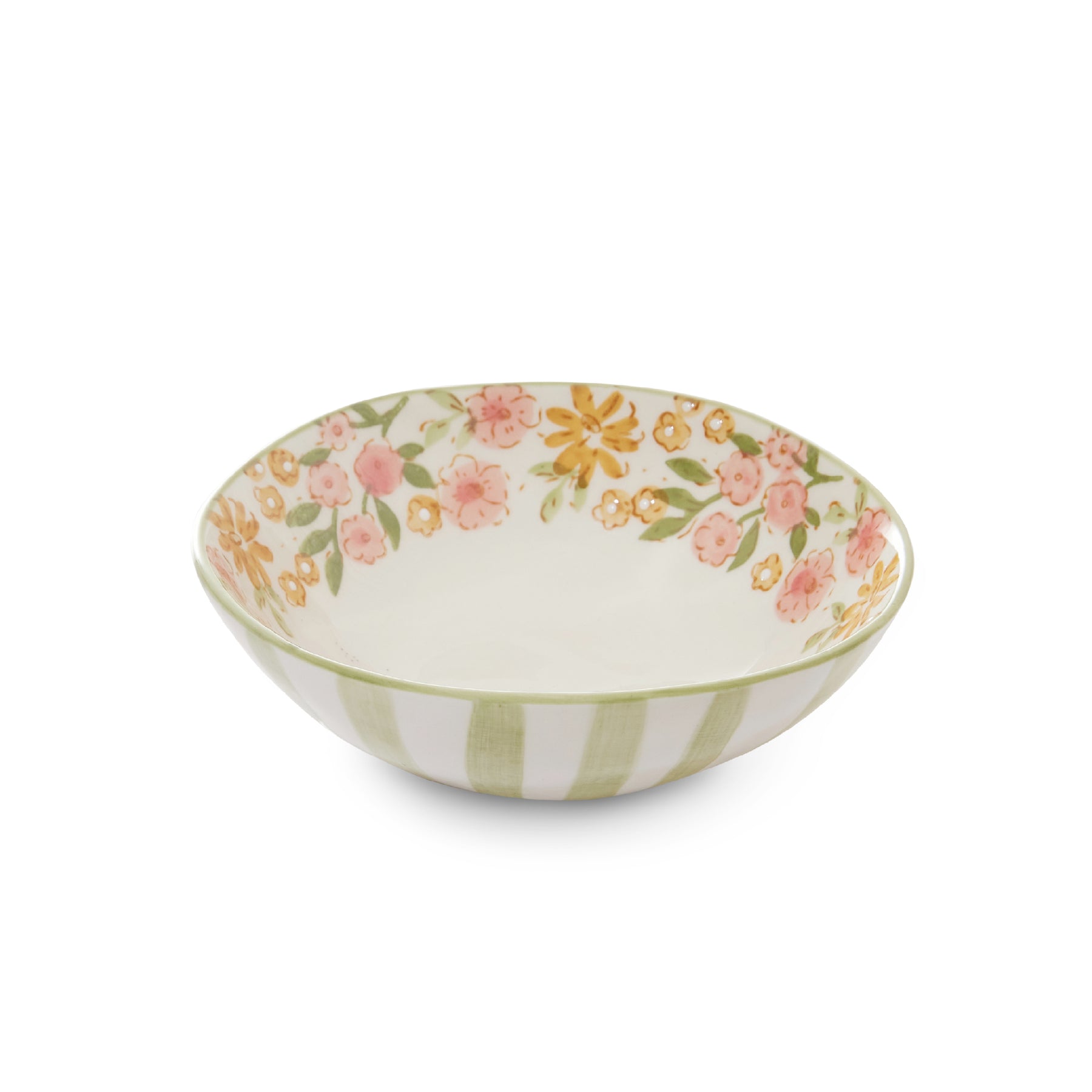 small bowl with pink and green floral details with stripe on outside. Gaudion furniture