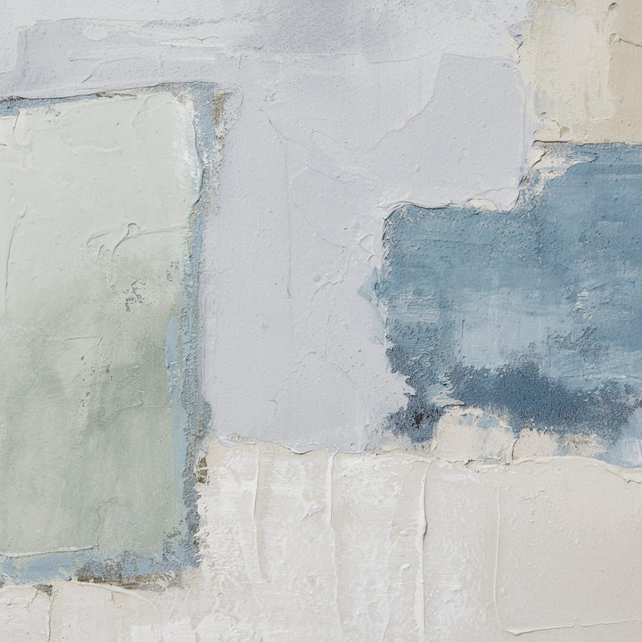 Print Andre Abstract features a textured design in gentle shades of green, blue, and beige. Gaudions