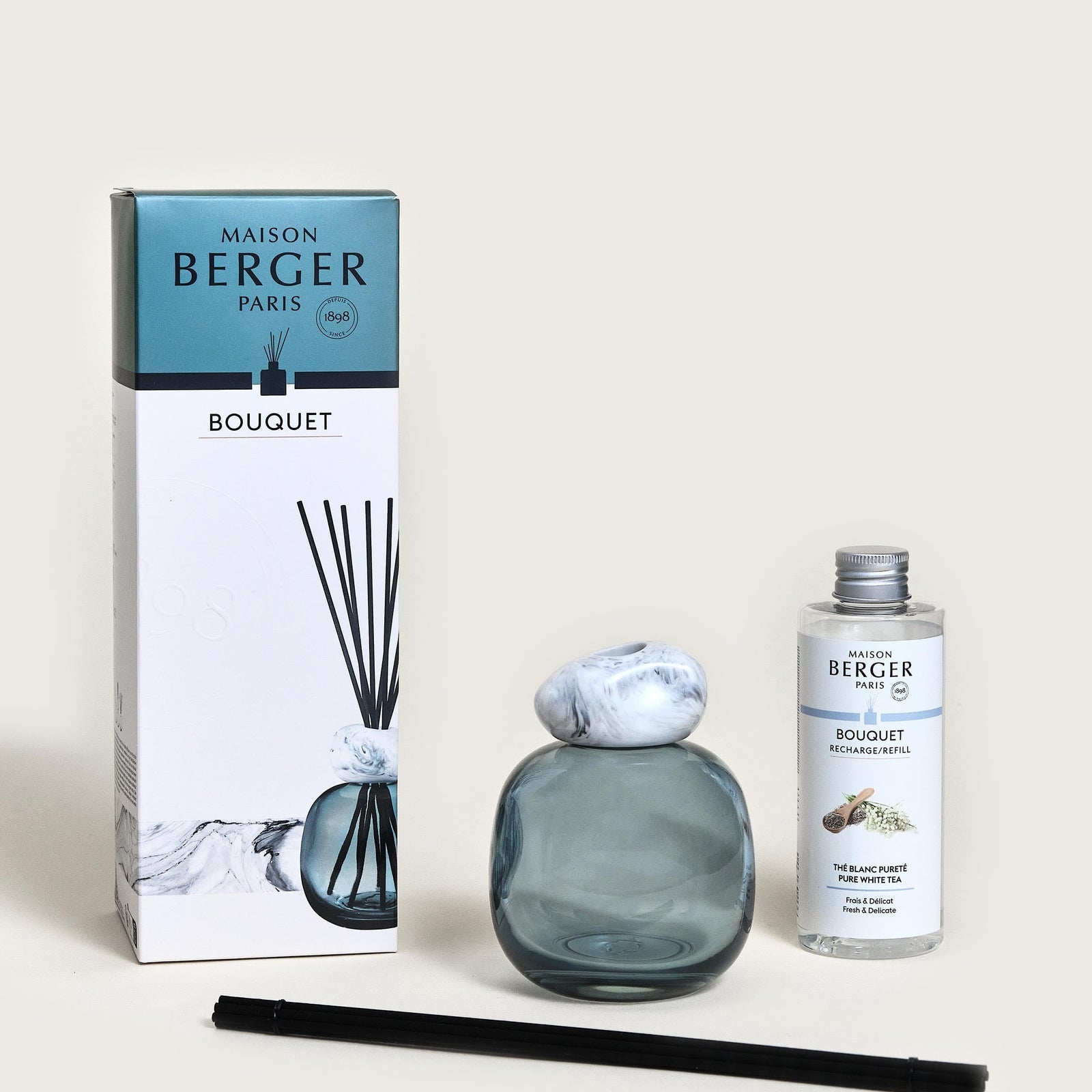 Diffuser Maison Berger Paris Marble/Blue with marble and clear glass body. Gaudion Furniture