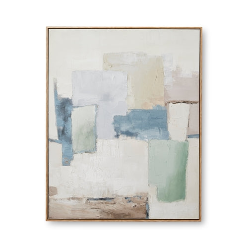 Print Andre Abstract features a textured design in gentle shades of green, blue, and beige. Gaudions