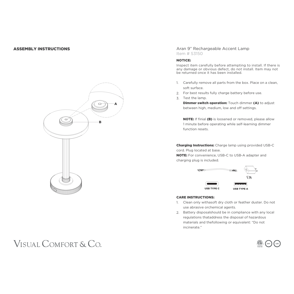 Aran cordless lamp 9" install guide