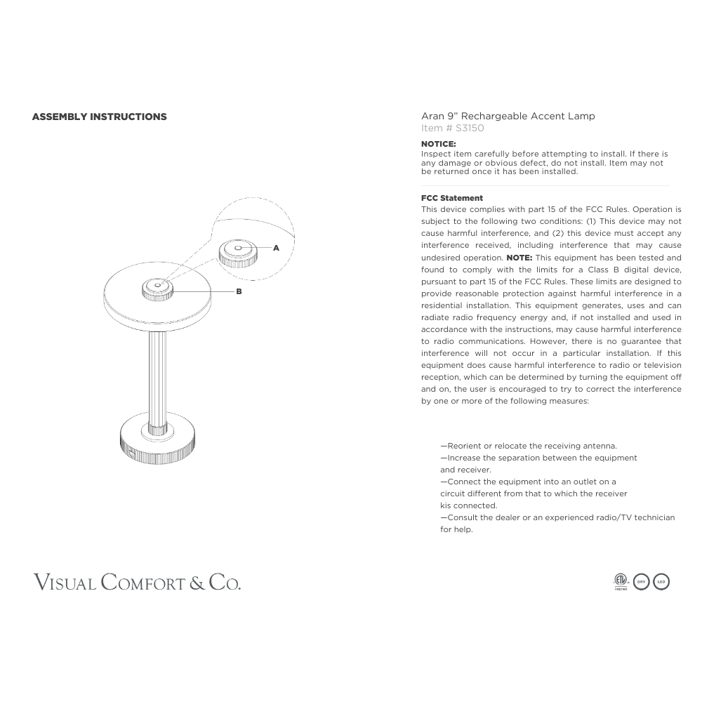 Aran cordless lamp 9" install guide