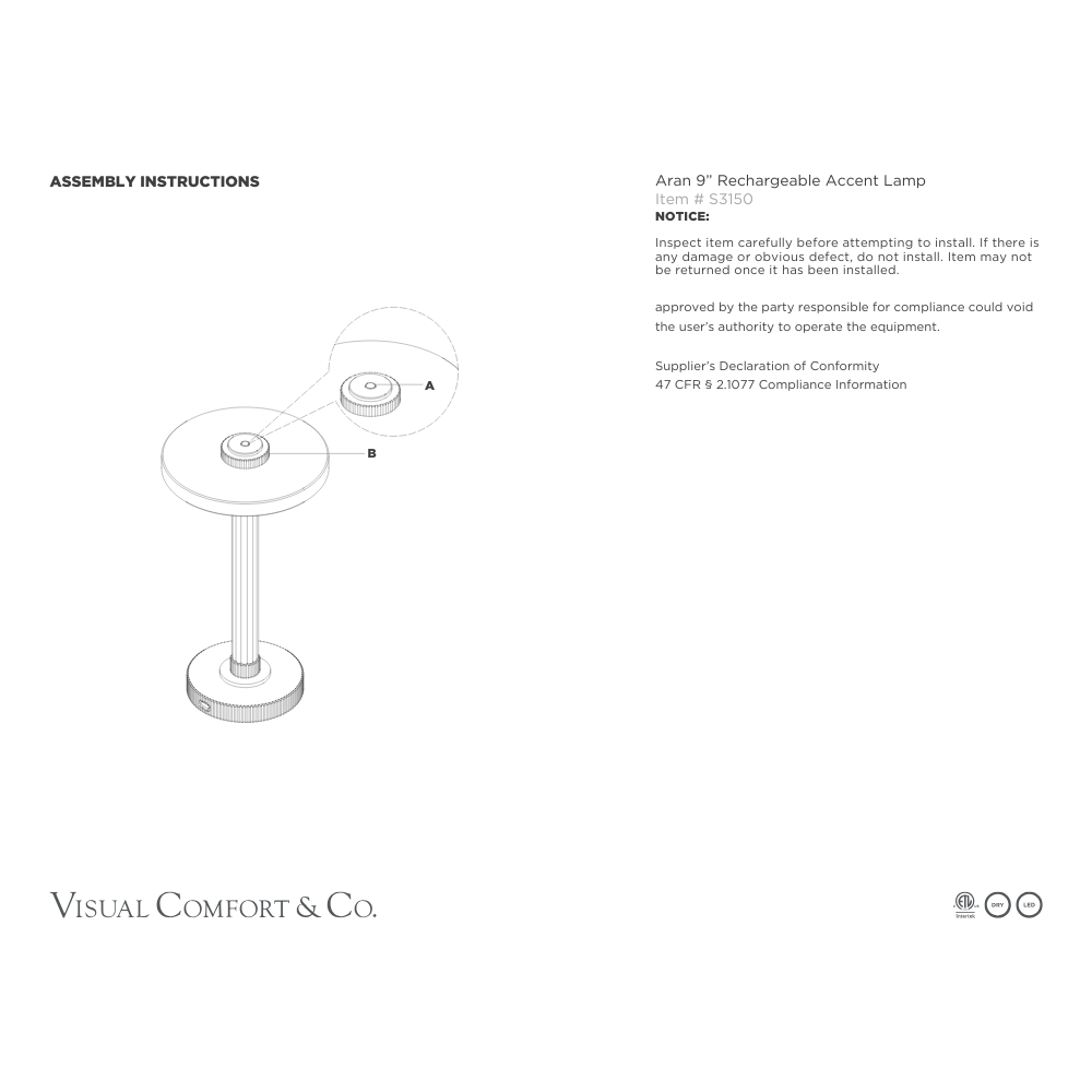 Aran cordless lamp 9" install guide