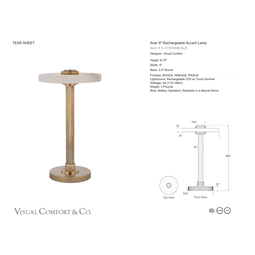 Aran cordless lamp 9" spec sheet
