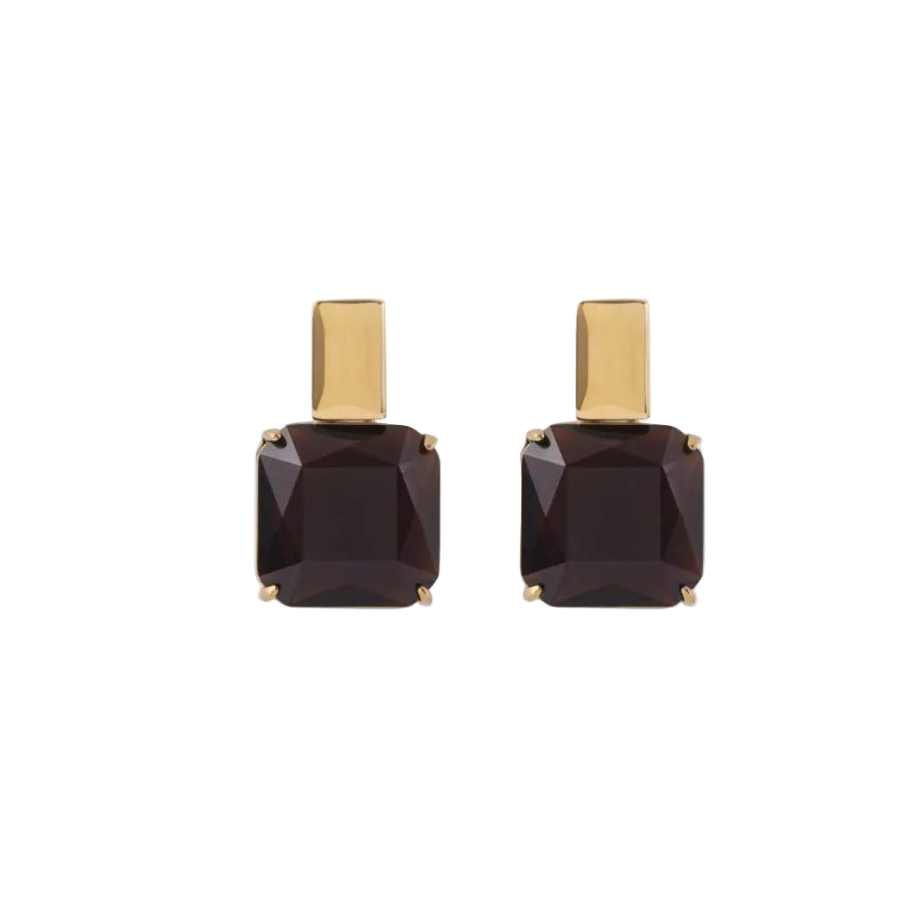 A pair of gold stud earrings featuring square-cut dark brown faceted gemstones, presented on a clean white background.