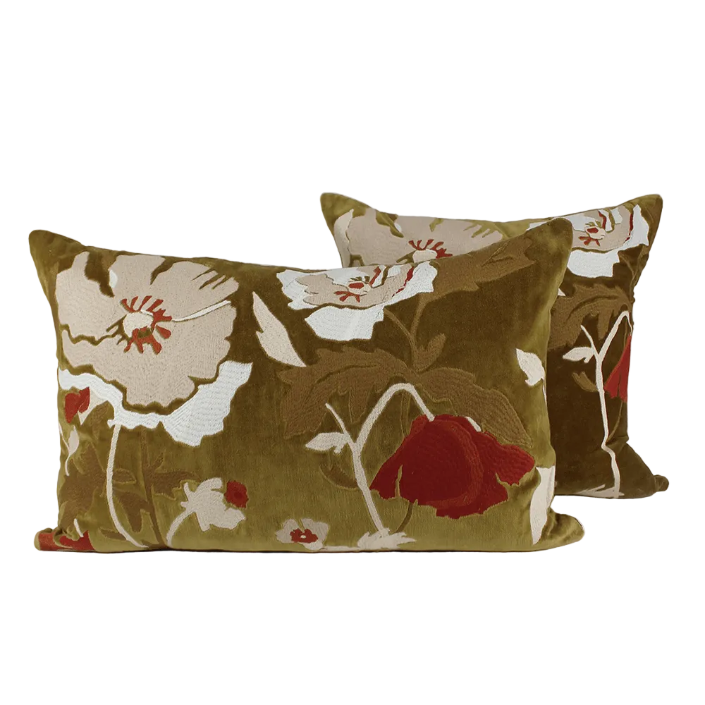 Floral patterned pillows on a white background