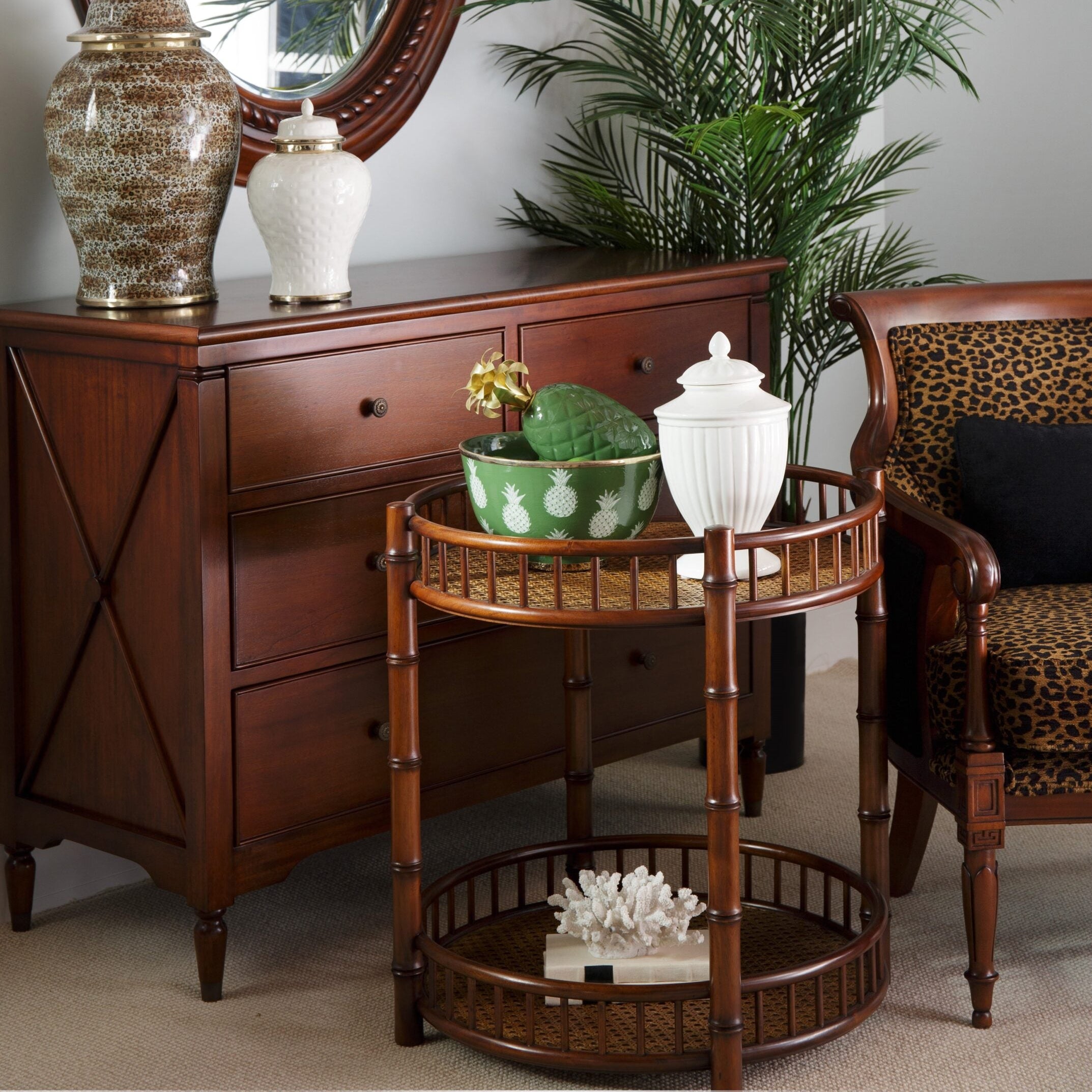 British colonial side table bamboo rattan look walnut