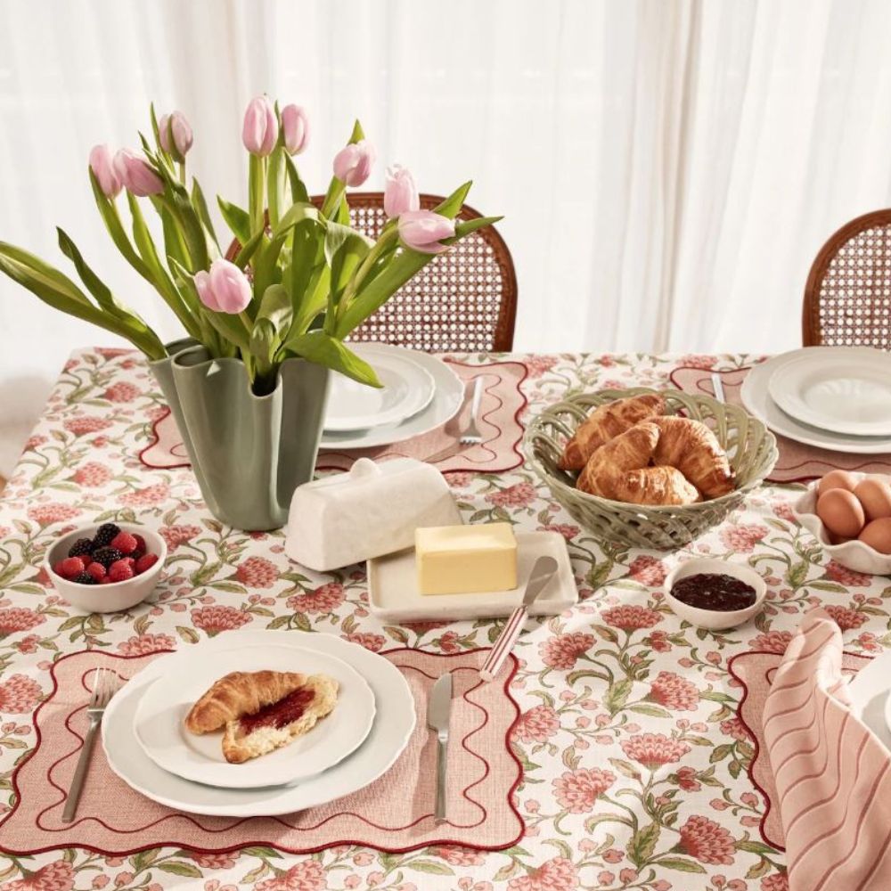 Tablecloth pink and green floral on white background 