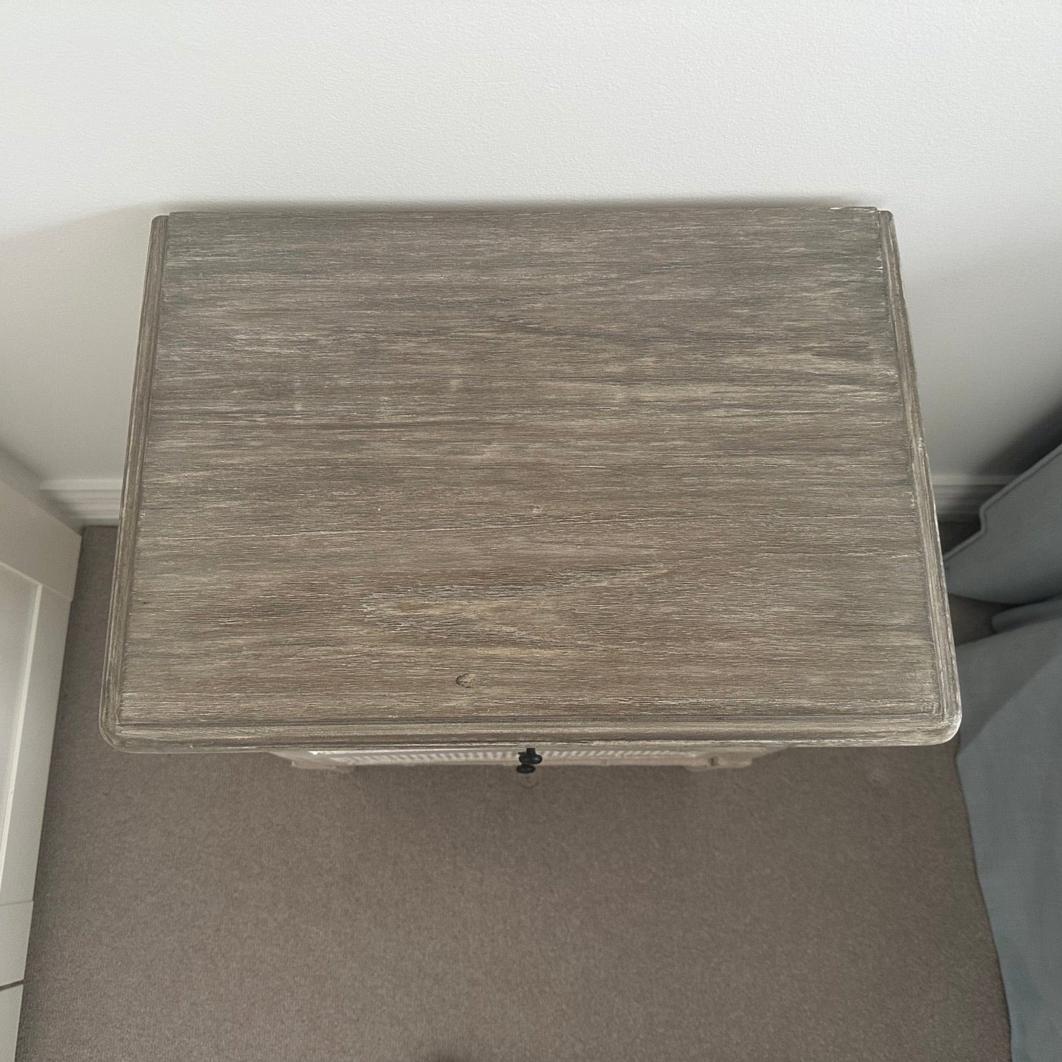 Eloise Bedside Table french look with rattan drawers and grey timber.