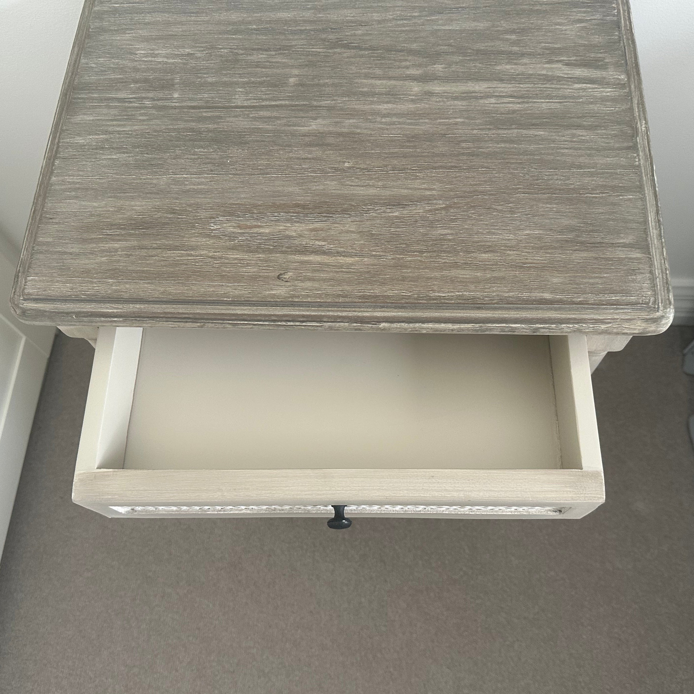 Eloise Bedside Table french look with rattan drawers and grey timber.