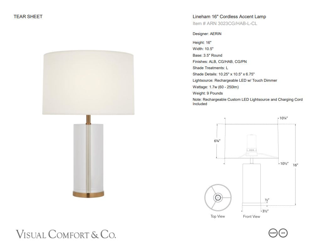 Lineham 16" Cordless Lamp in Crystal, Hand-Rubbed Antique Brass