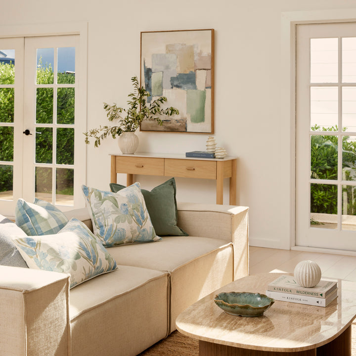 Print Andre Abstract features a textured design in gentle shades of green, blue, and beige. Gaudions