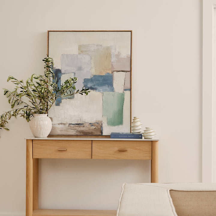 Print Andre Abstract features a textured design in gentle shades of green, blue, and beige. Gaudions