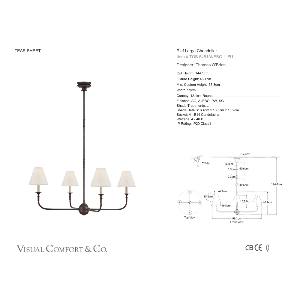 Piaf large chandelier by Thomas O'Brien spec sheet
