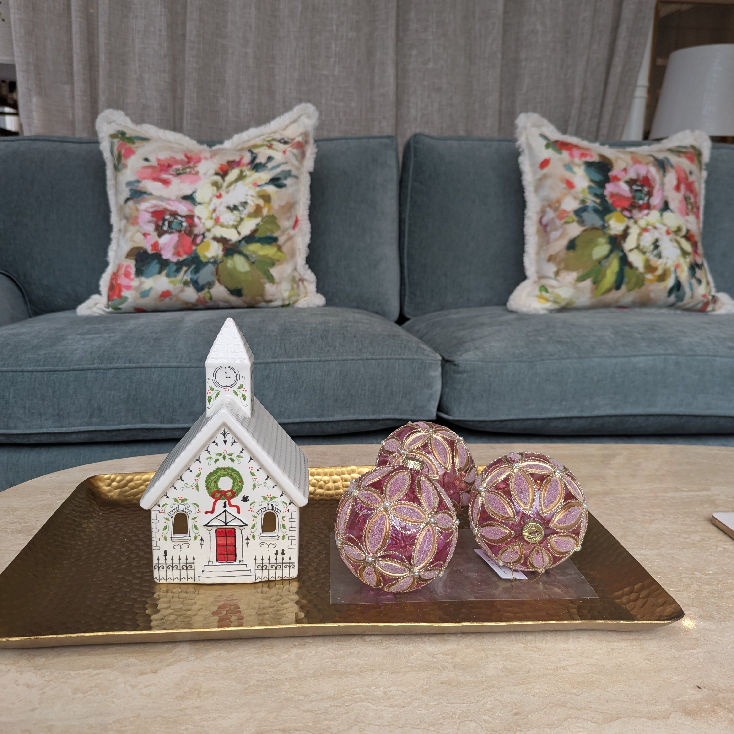 Christmas Pink Gold Flower Bauble with Christmas LED Xmas Church Porcelain house