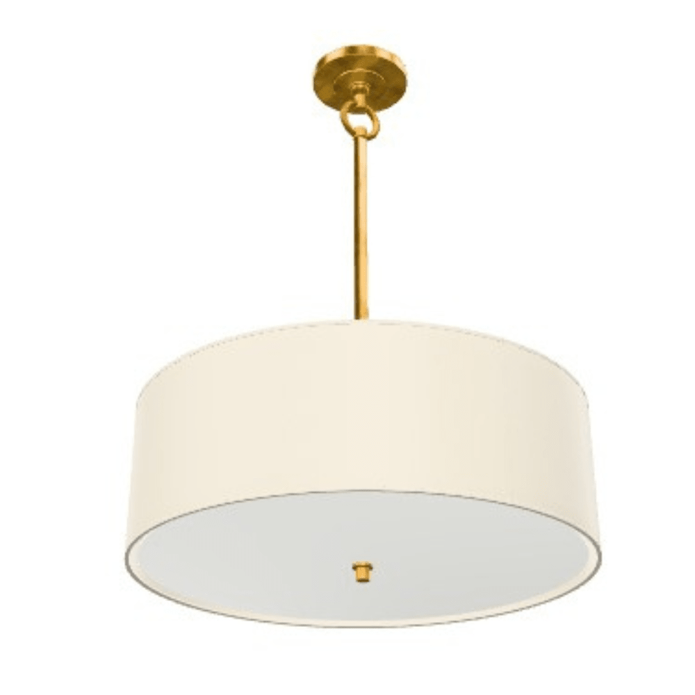 A modern drum pendant light with a large off-white fabric shade and a polished gold metal canopy, rod, and switch, shown against a plain white background.