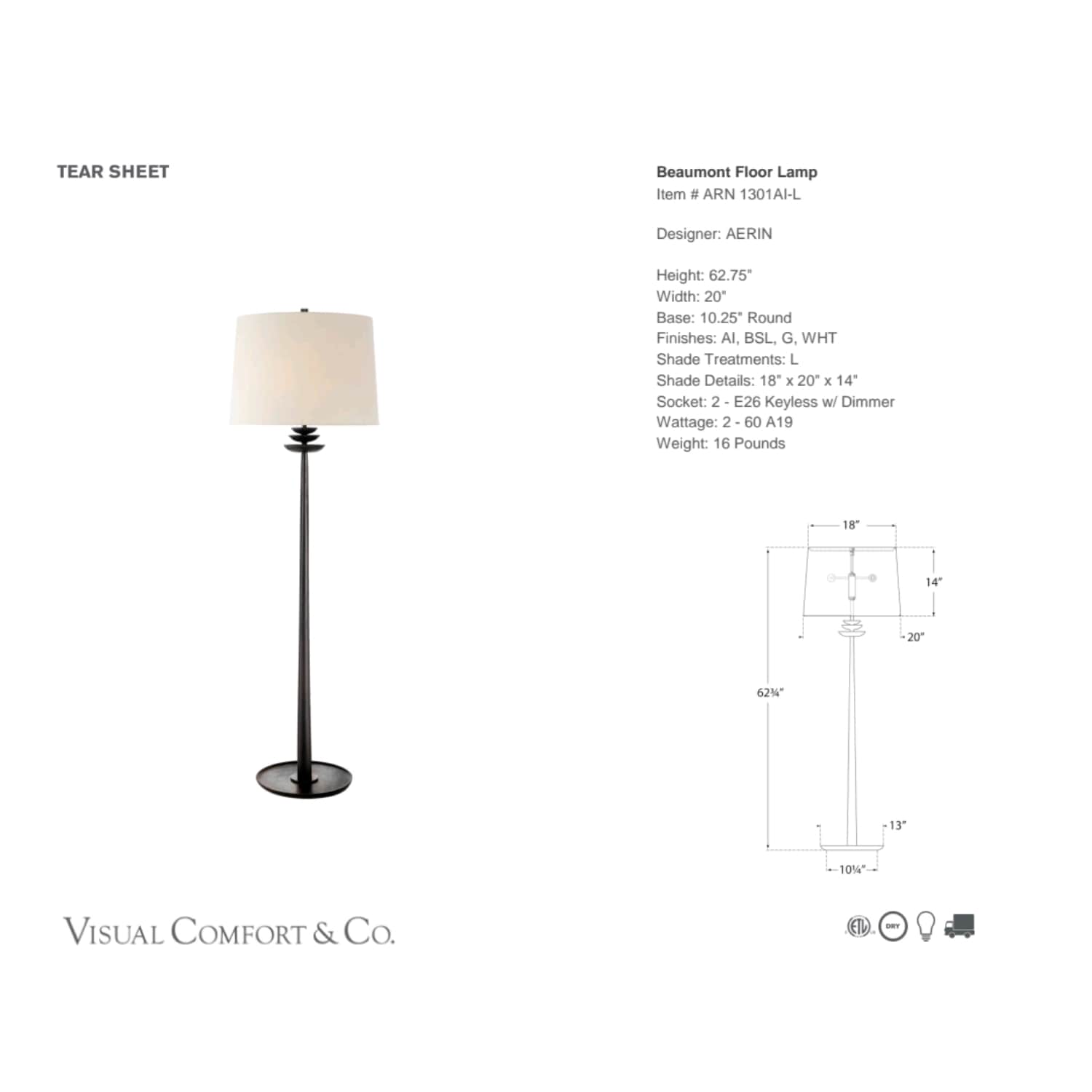 Beaumont Floor Lamp - AERIN - 4 finishes - Gaudion Furniture