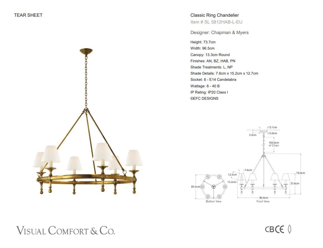 Classic Ring Chandelier in Hand Rubbed Brass with Linen Shades - Gaudion Furniture