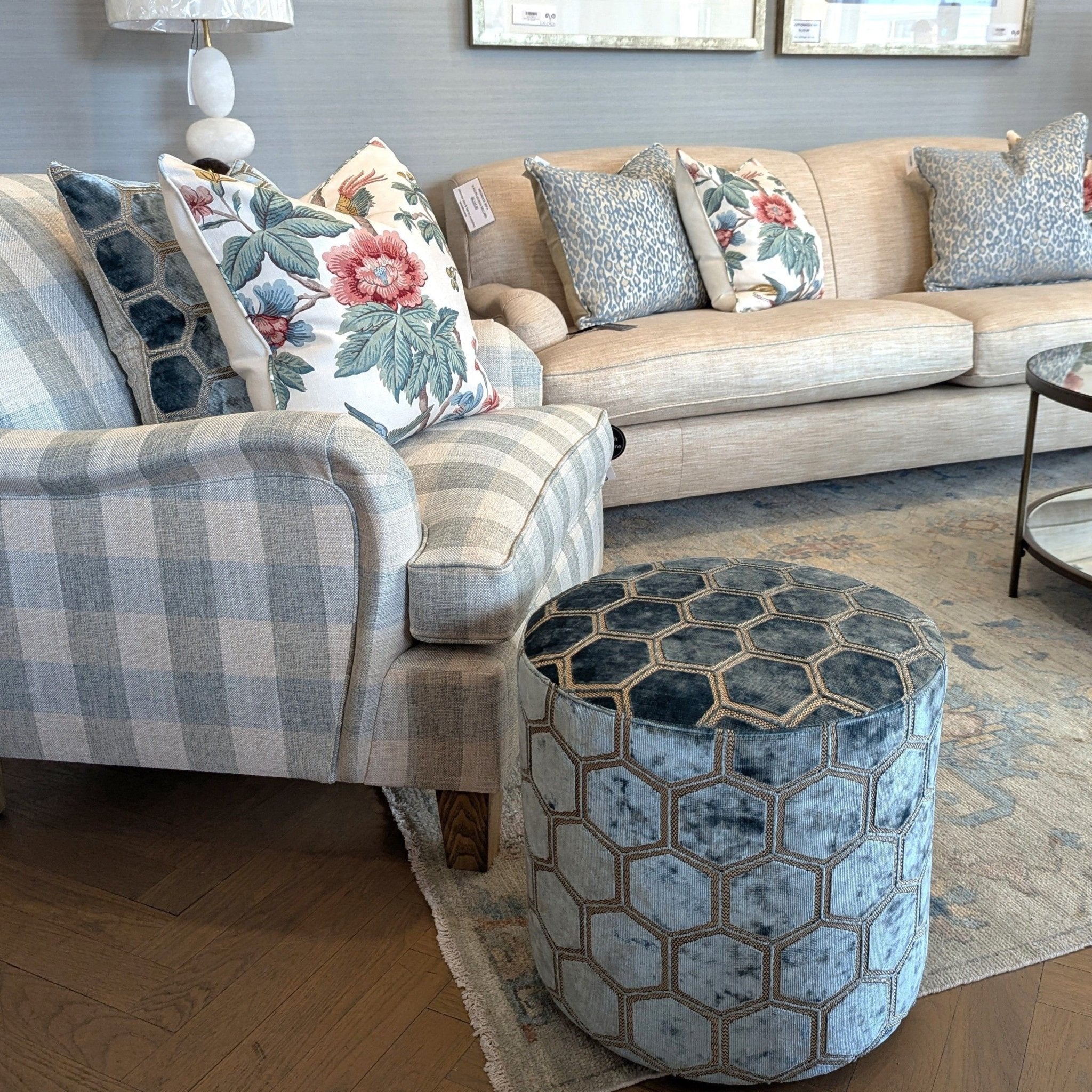 Designers Guild Round Manipur Ottoman Duck Egg Blue - Gaudion Furniture