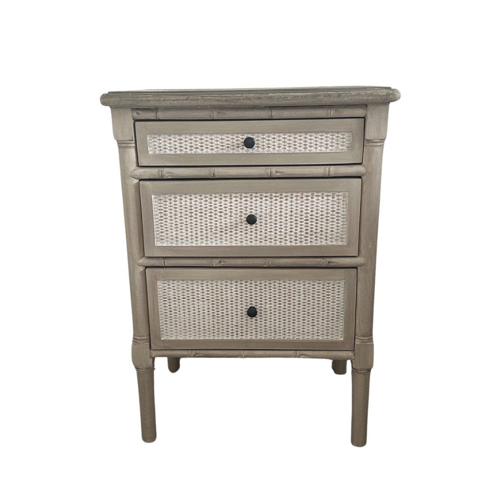 Eloise Bedside Table french look with rattan drawers and grey timber.