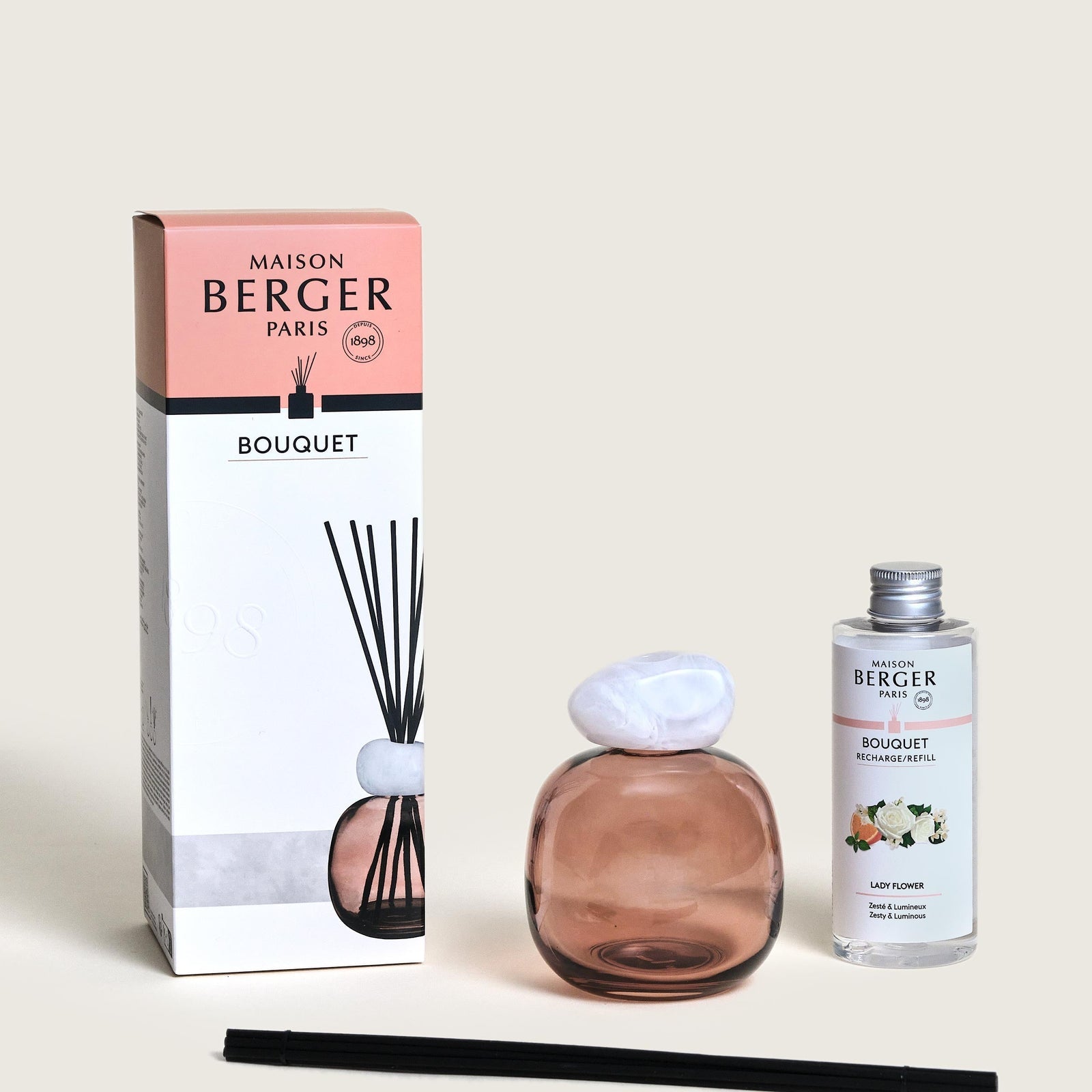 Maison berger diffuser pink with white quartz and floral scent. Gaudion Furniture