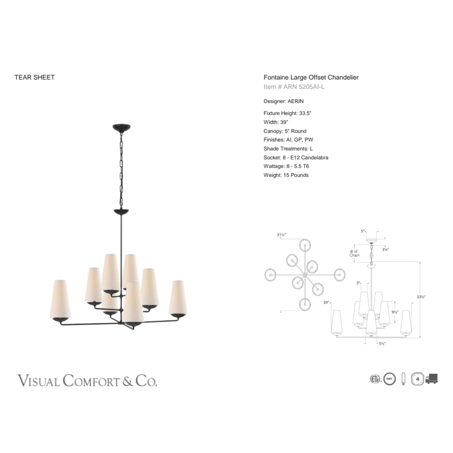 Fontaine Large Offset Chandelier 2 Finishes - Gaudion Furniture
