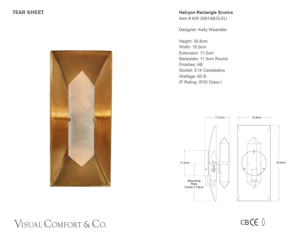 Halcyon Rectangle Sconce in Antique Brunished Brass & Quartz - Gaudion Furniture