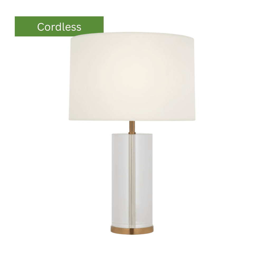 Lineham Cordless Lamp in Crystal, Hand - Rubbed Antique Brass with Linen Shade - Gaudion Furniture